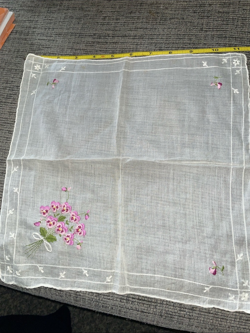 Embroidered Floral Handkerchief - White with Pink Flowers